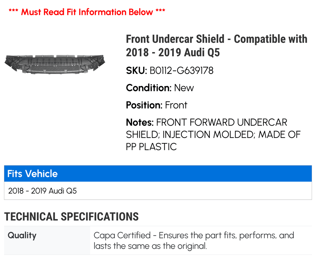 Front Undercar Shield for Audi Q5 L5190