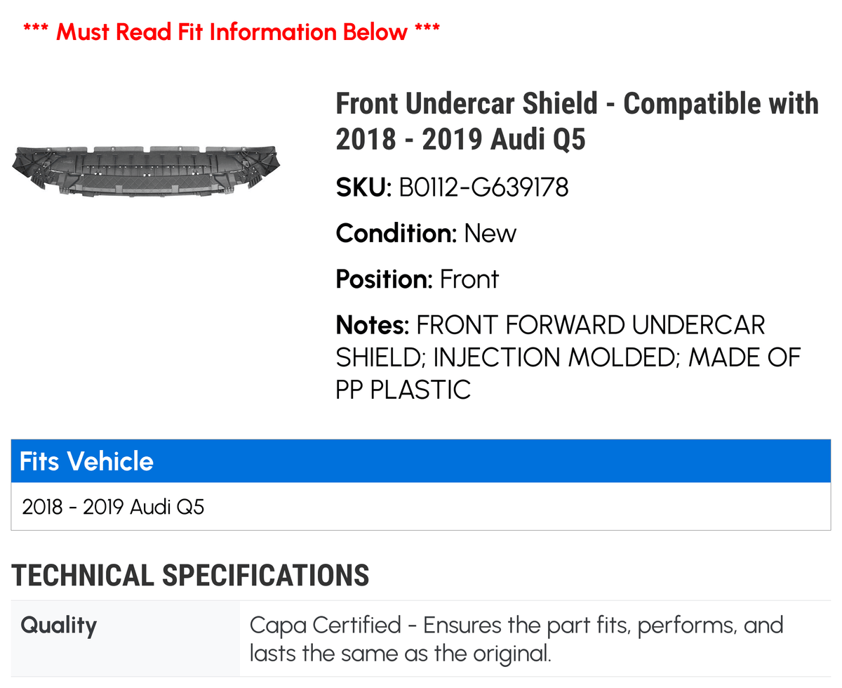 Front Undercar Shield for Audi Q5 L5190