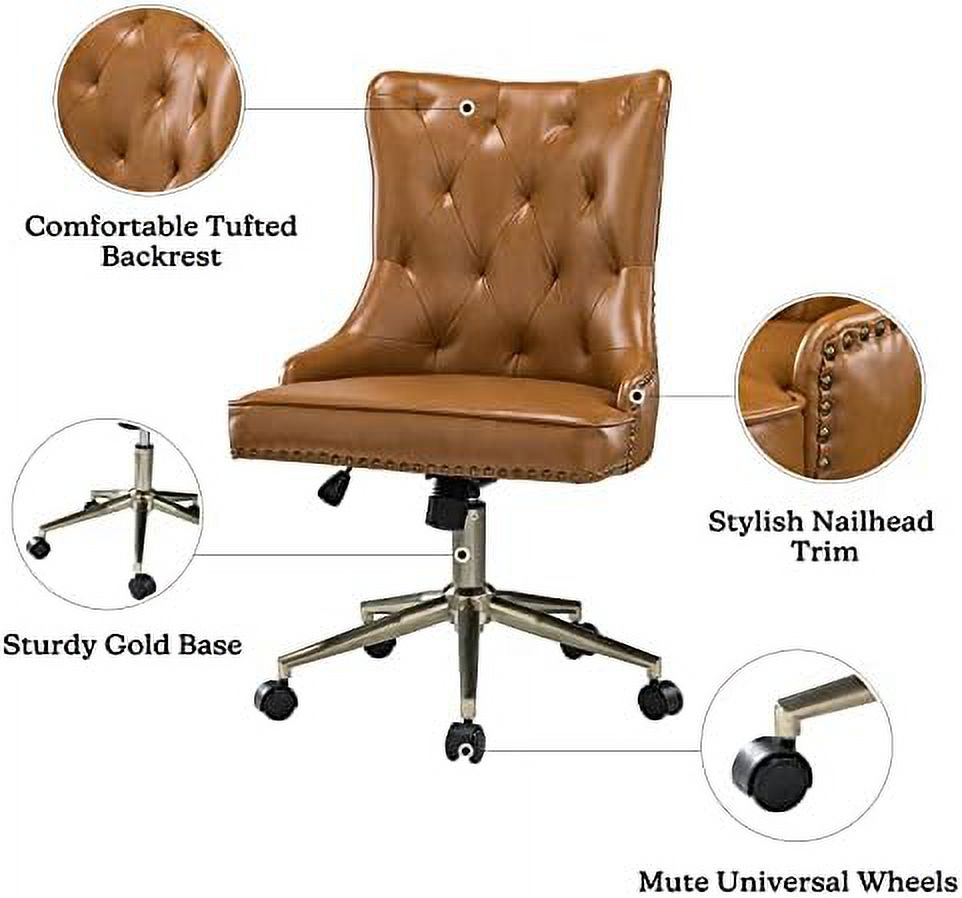 Camel PU Leather Armless Ergonomic Swivel Task Chair with 5 Rolling Casters R7143