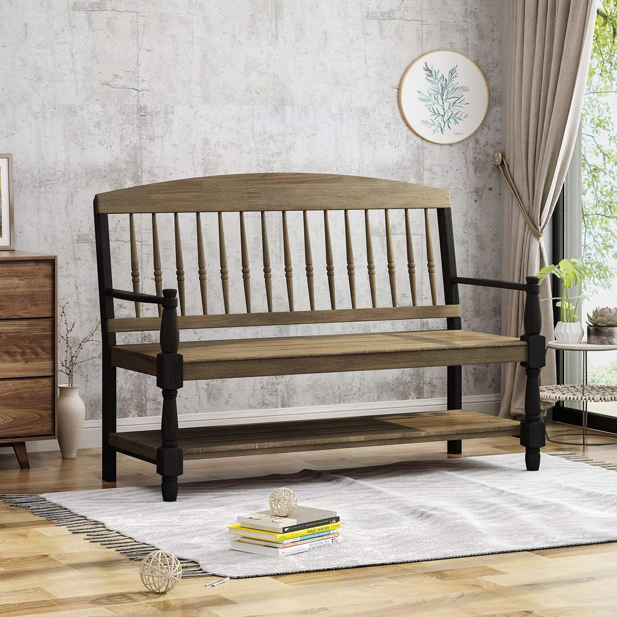 Gray and Black Acacia Wood Bench with Shelf N47239