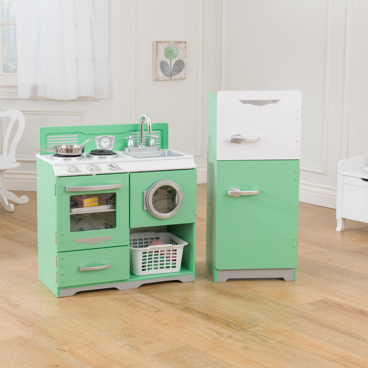 2-Piece Wooden Play Kitchen Set with Refrigerator, Dryer and Laundry Basket F858168