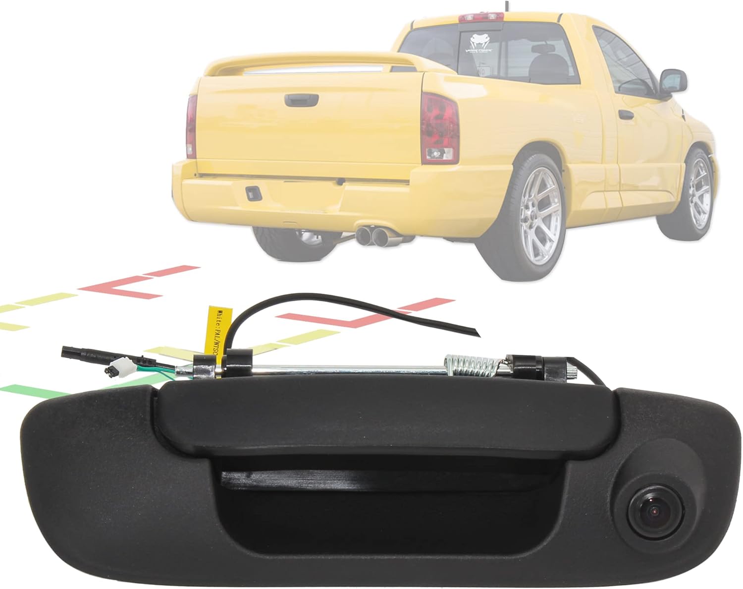Tailgate Handle Backup Camera for Dodge Ram 1500 2500 3500 (2002-2008) Rear View Reverse Parking Camera with Optional Guideline RCA Connector (Black) E148065