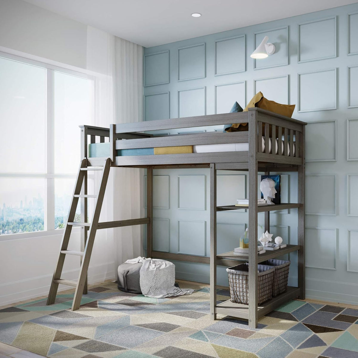 Twin High Loft Bed with Bookcase and Desk, White A196268