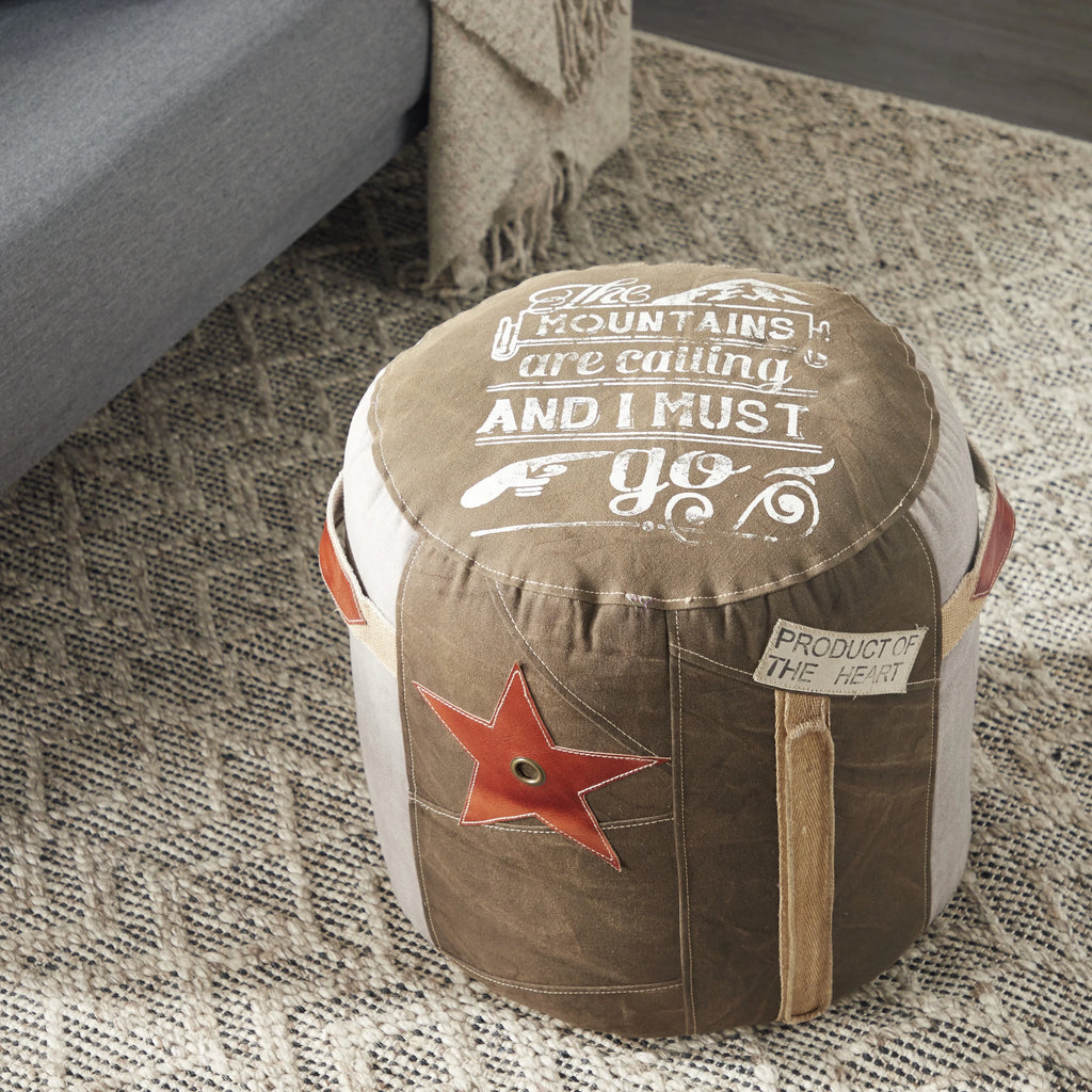 Brown Canvas Pouf with Leather Accents O3902