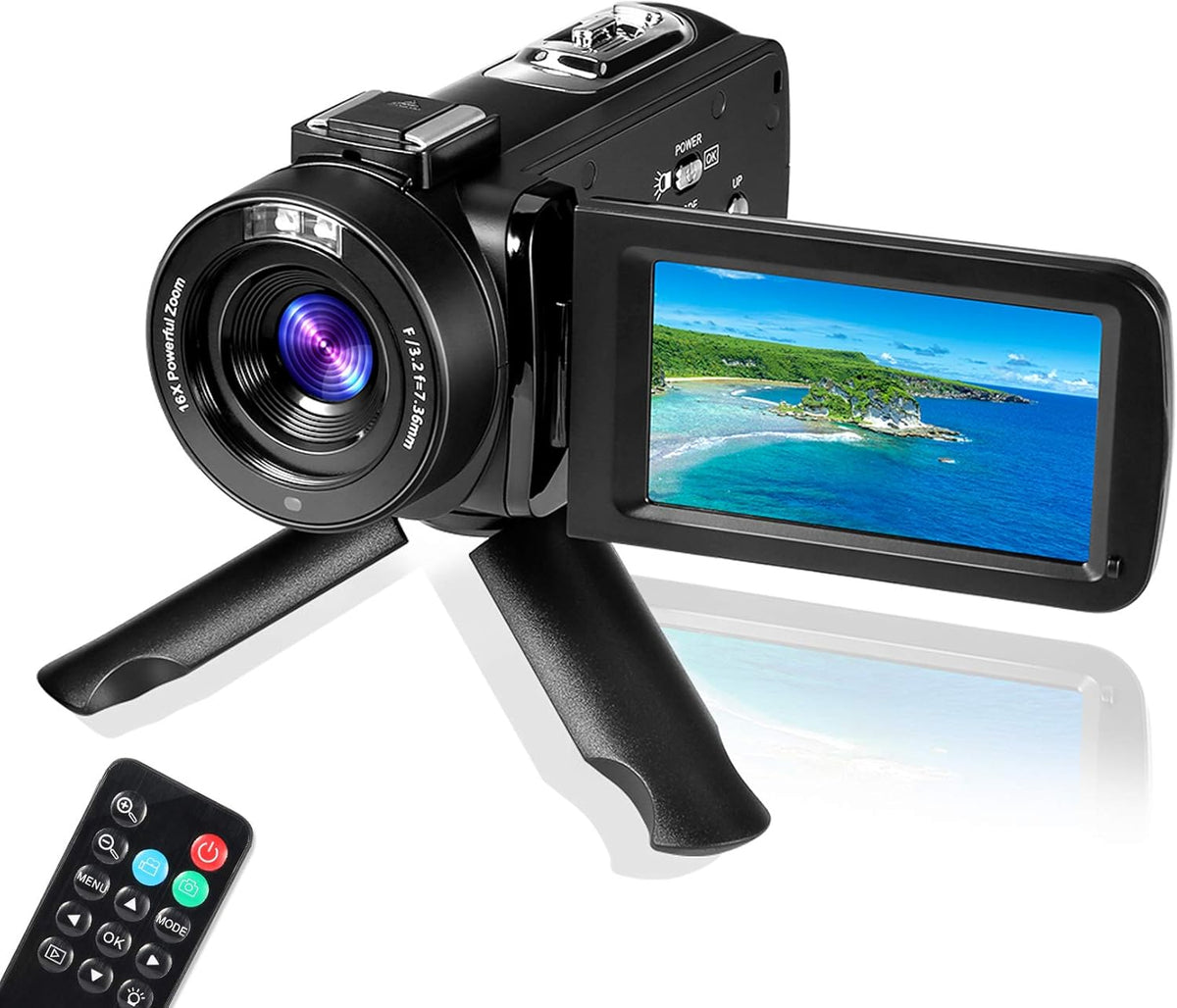 48MP 16X Digital Zoom Flip Screen Autofocus Camcorder with Wide-Angle Lens, Macro Lens, 32G Micro Card, 2 Batteries (Gray) J1729