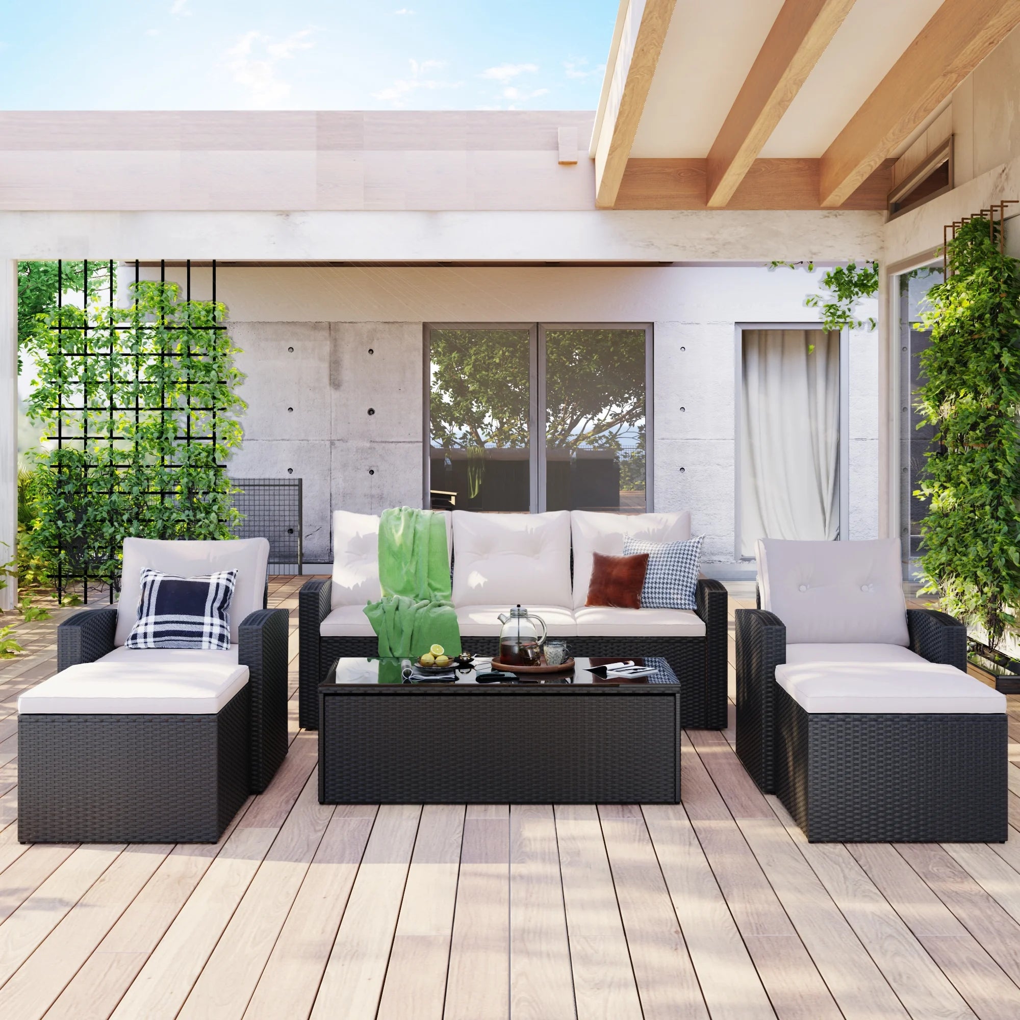 6-piece PE rattan Patio Sectional Set with coffee table, ottomans, removable cushions U2308