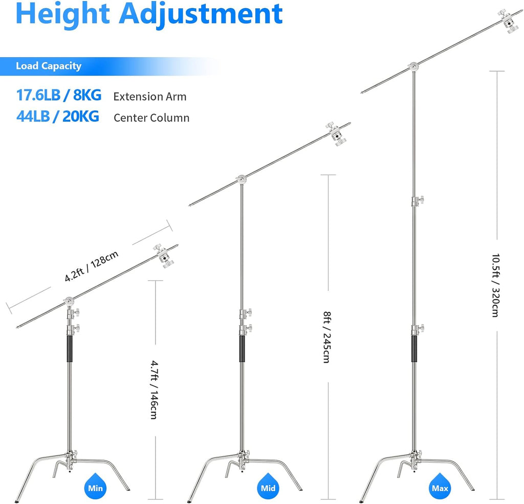 100% Stainless Steel C-Stand (2-Pack) with Extension Arm, Grip Head, Turtle Base Y90453