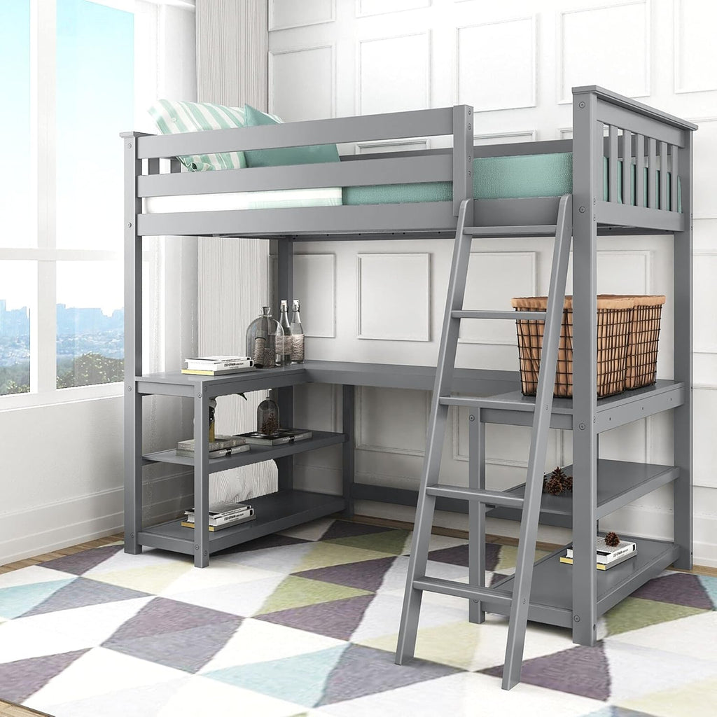 Twin High Loft Bed with Bookcase and Desk, White A196268