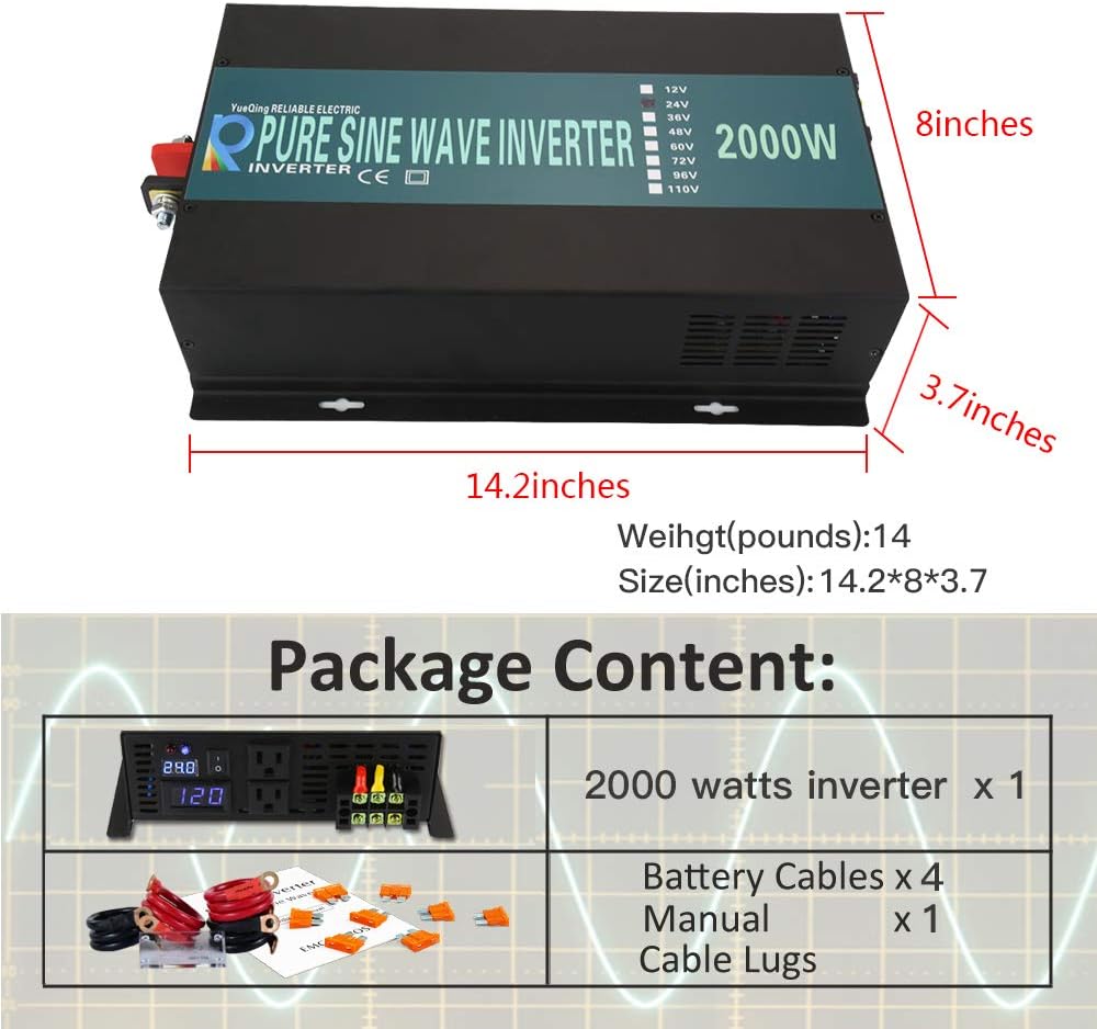 2000W 12V 120V Pure Sine Wave Power Inverter with 2 AC Outlets B60704