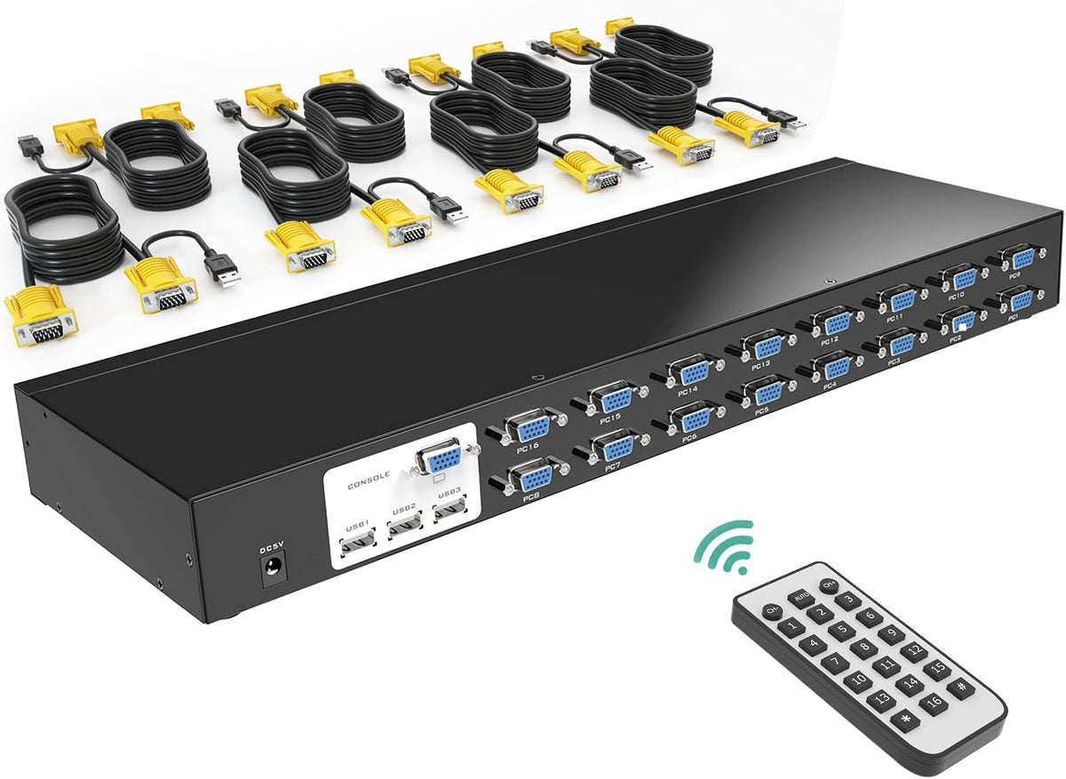 KVM Switch 16 Port Rackmount VGA USB Console with Cables & Ears 1U Rack E72258