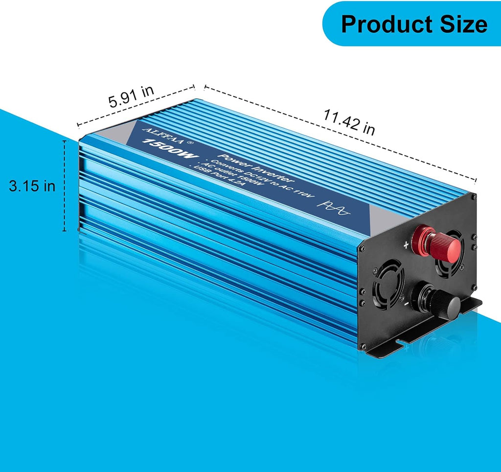 1500W Pure Sine Wave Power Inverter 12V to 110V with USB Port, LCD Display R441