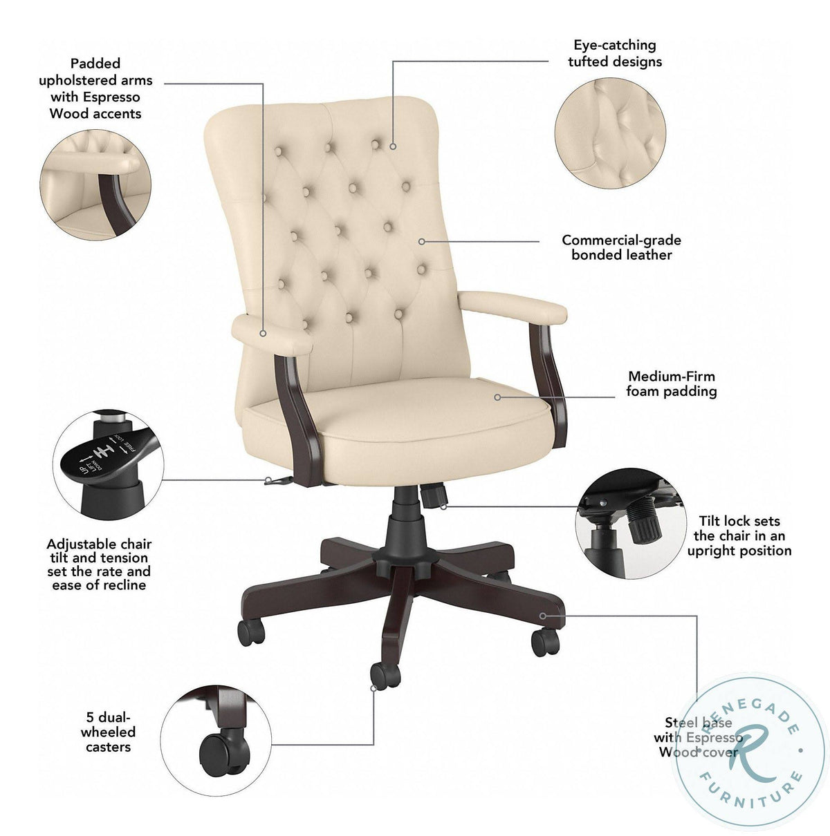 Antique White Leather High Back Tufted Office Chair with Arms C65201