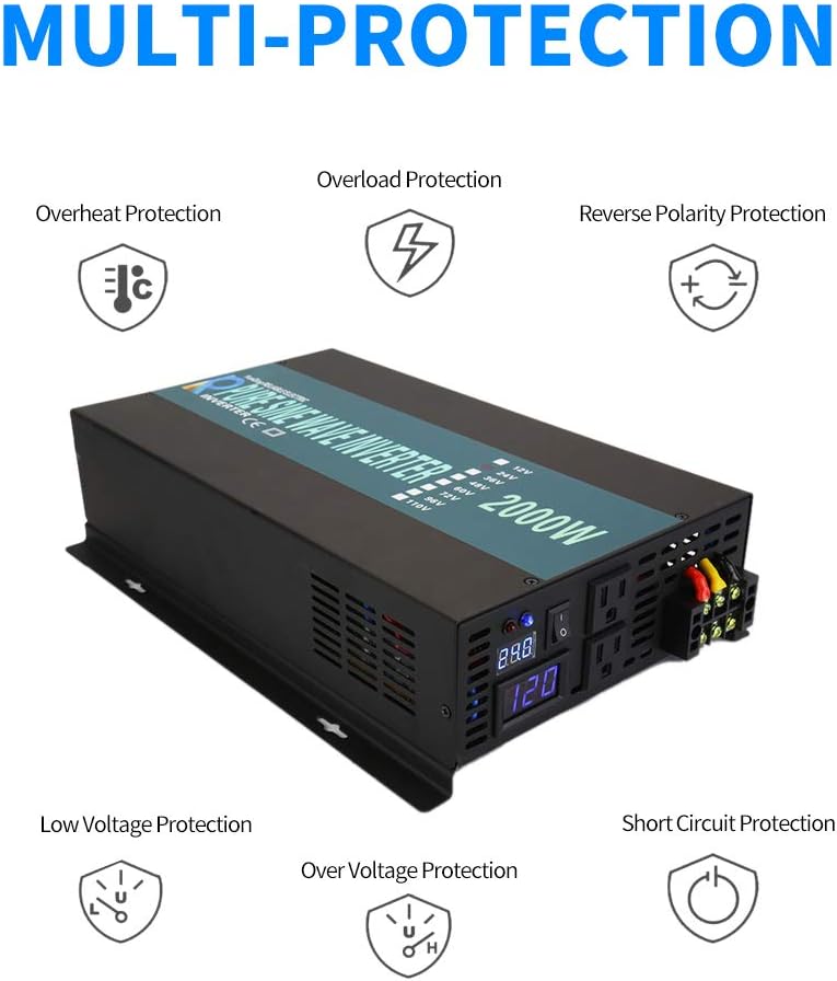 2000W 12V 120V Pure Sine Wave Power Inverter with 2 AC Outlets B60704