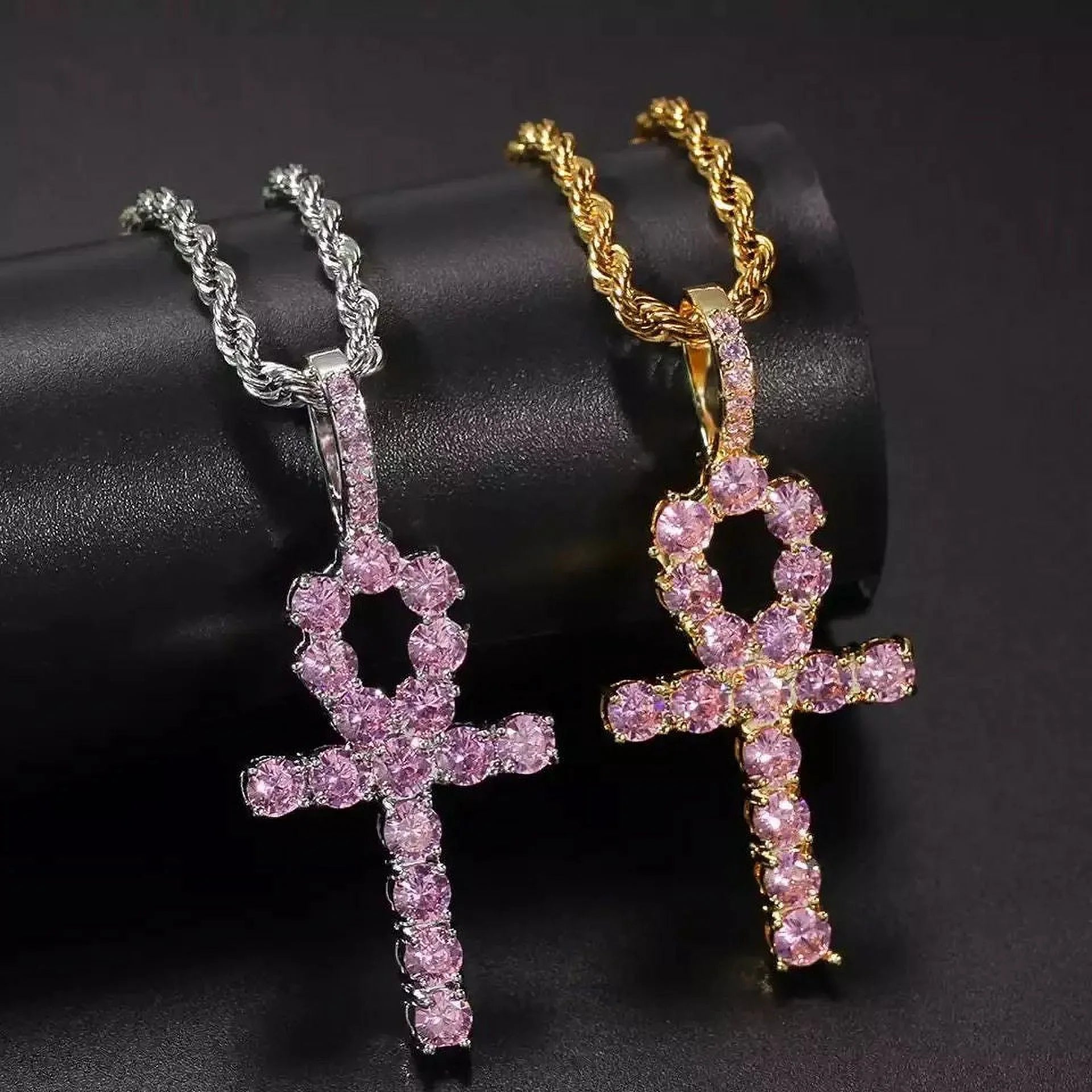 14K Gold Over Finish Simulated Diamond Pink Egyptian Ankh Cross Charm Pendant Necklace X641