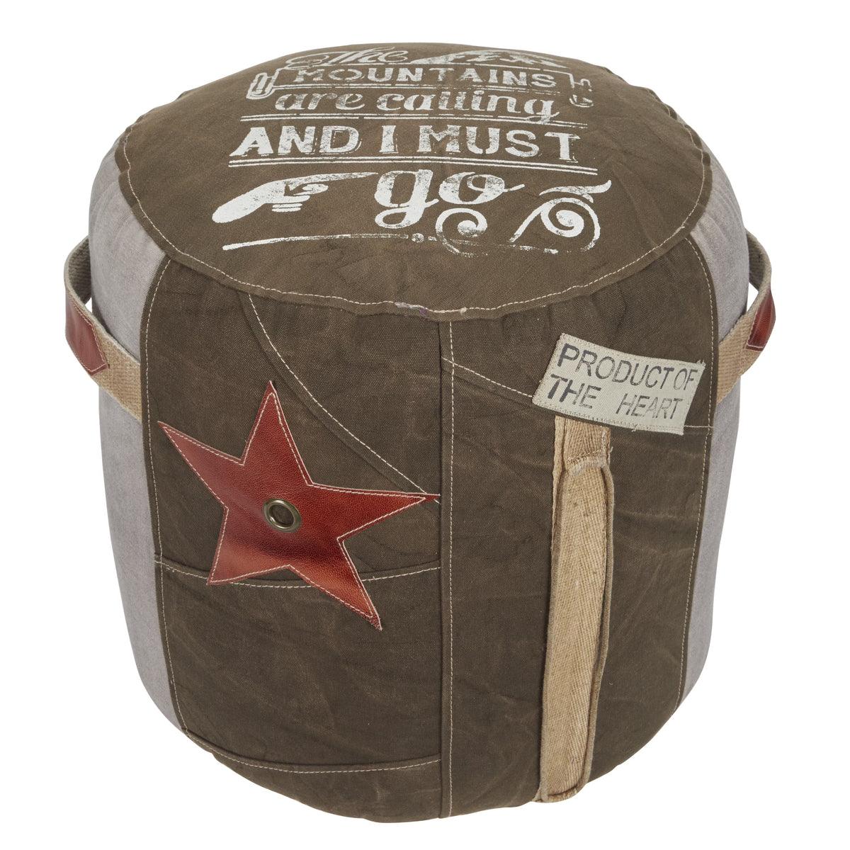 Brown Canvas Pouf with Leather Accents O3902