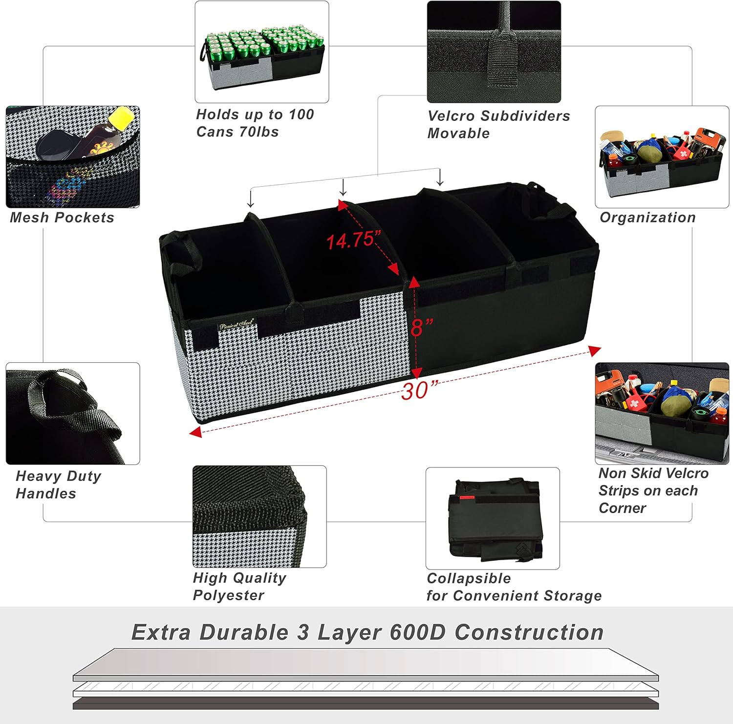 Heavy Duty Rigid Base Trunk Organizer with 28 Can Capacity Leak Proof Cooler H693277