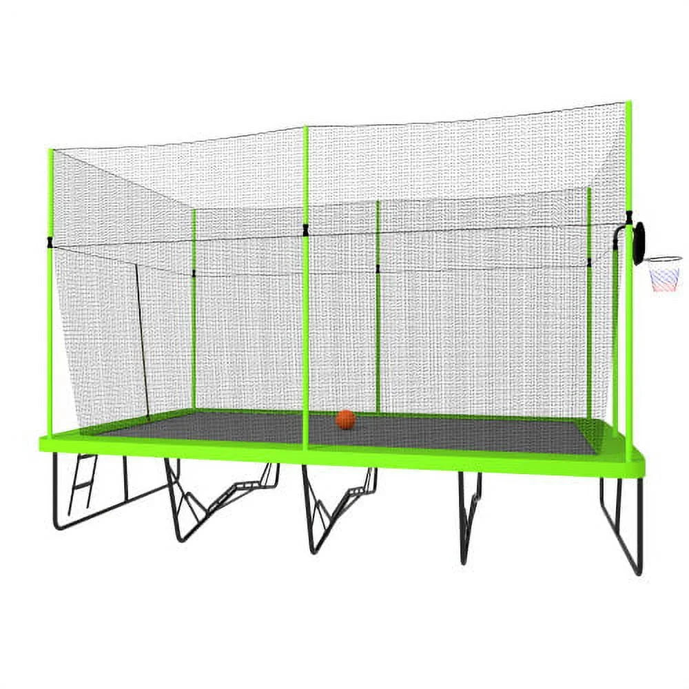 10ft by 17ft Rectangular Trampoline with Green Fabric Black Powder-coated Galvanized Steel Tubes with Basketball Hoop System C8853