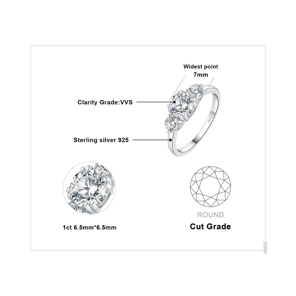 3 Stones 1ct Moissanite Engagement Ring, 925 Sterling Silver, Round Cut, Size 5-9 A339207