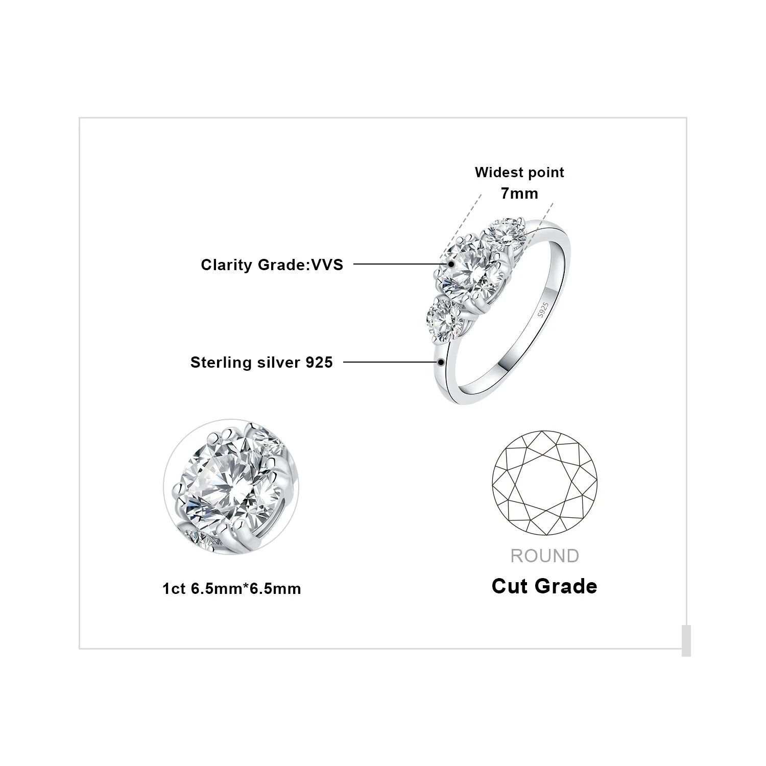 3 Stones 1ct Moissanite Engagement Ring, 925 Sterling Silver, Round Cut, Size 5-9 A339207