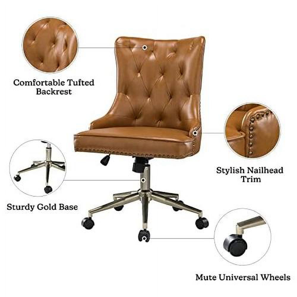 Camel PU Leather Armless Ergonomic Swivel Task Chair with 5 Rolling Casters R7143