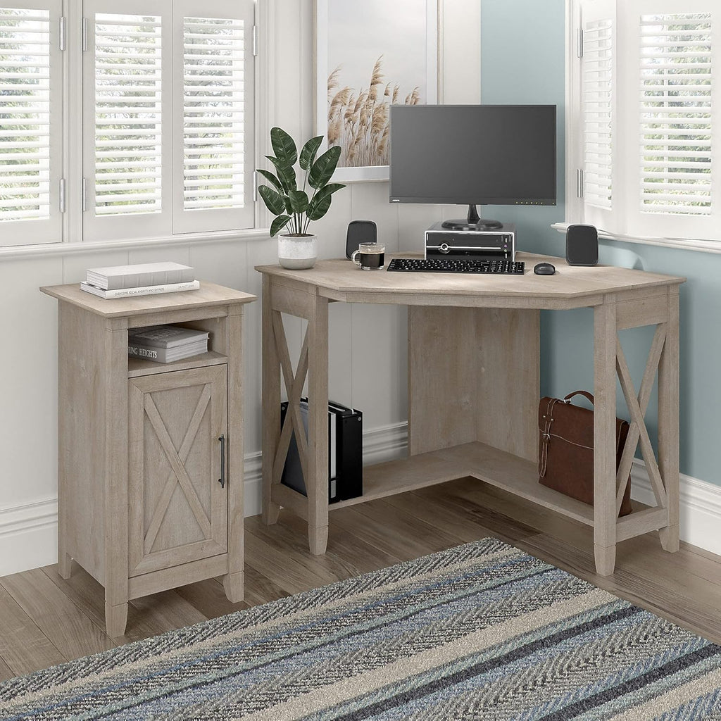 Washed Gray Small Corner Desk with Storage Cabinet T24577