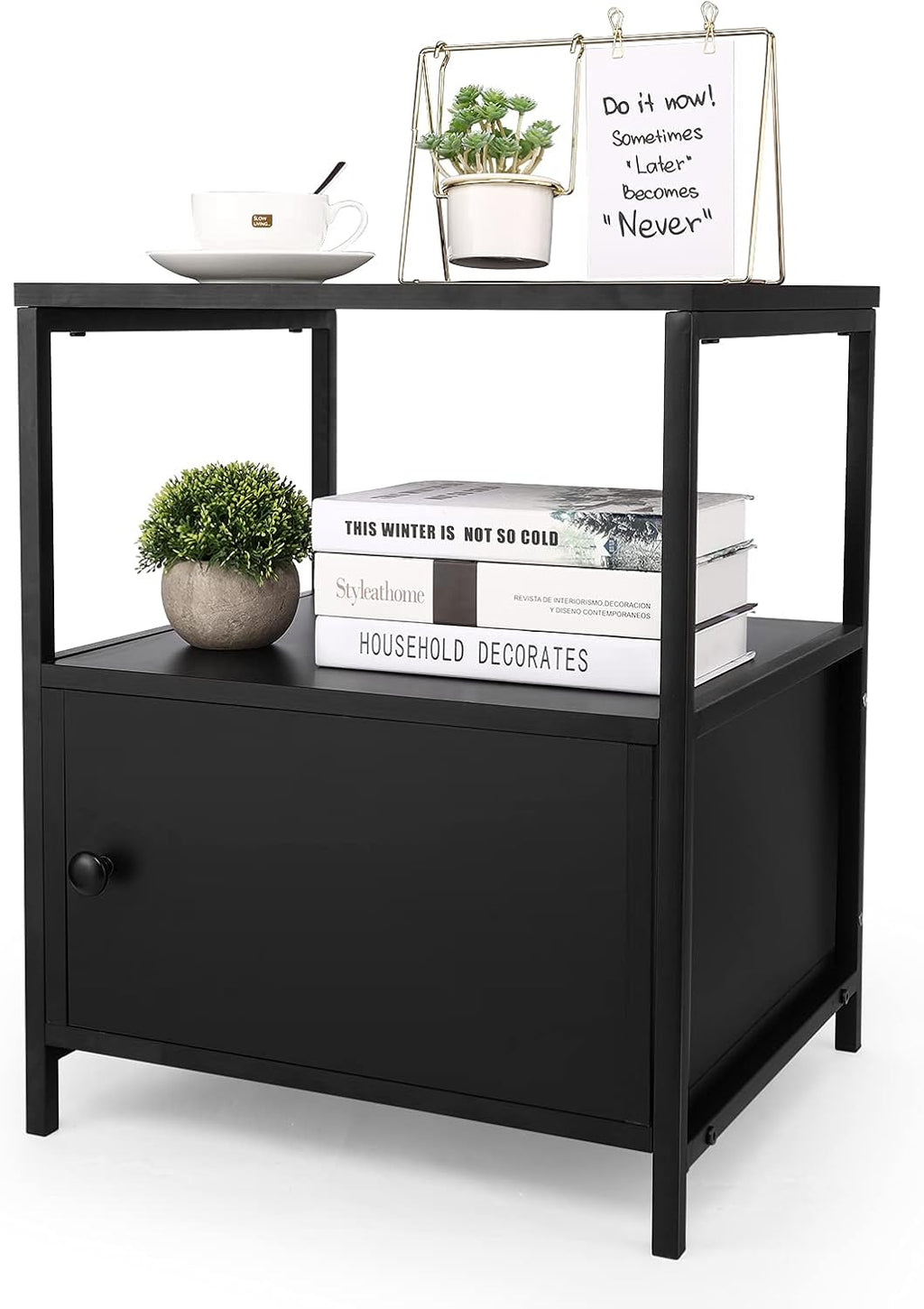 Rustic Brown 3-Tier Nightstand with Steel Frame and Cabinet Door R588044