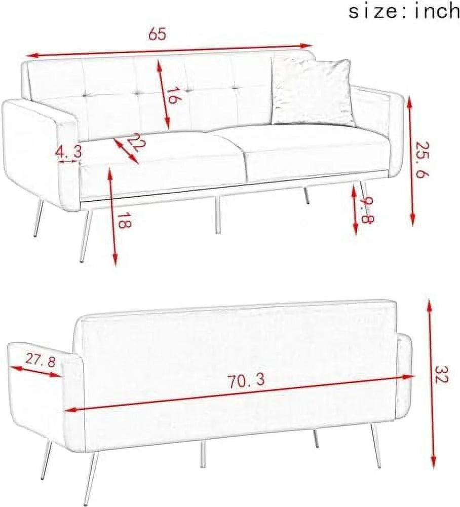 Pink Velvet Fabric Sofa Bed Futon with 2 Pillows 70.3 inch Loveseat Sofa V63032