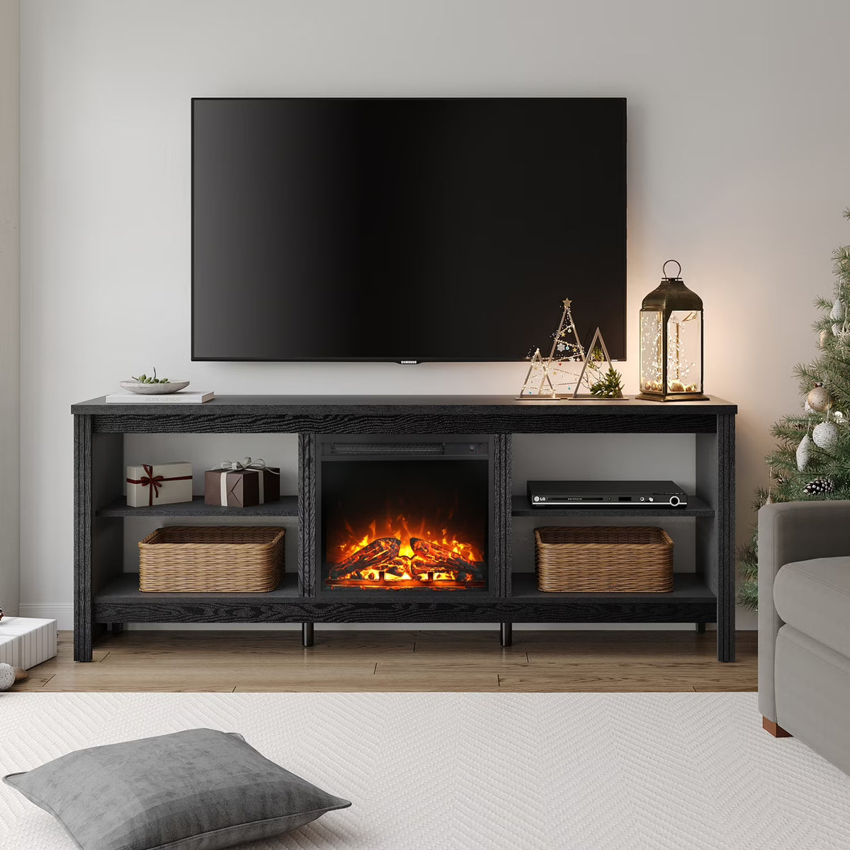 Black 70 inch Wood Fireplace TV Stand with 4 Storages P6889