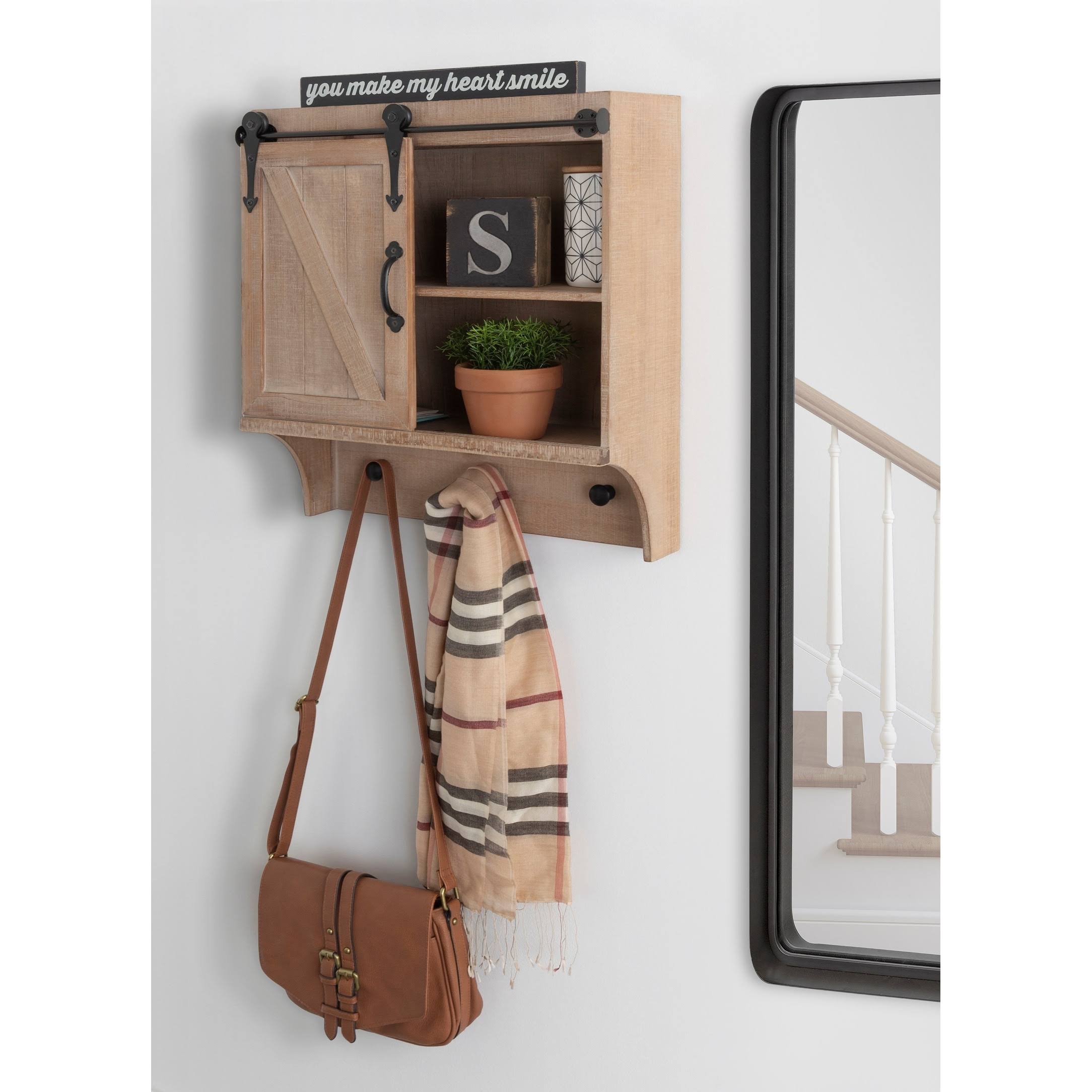 White Decorative Farmhouse Cabinet Wall Organizer with Sliding Barn Door and 3 Knobs W14358