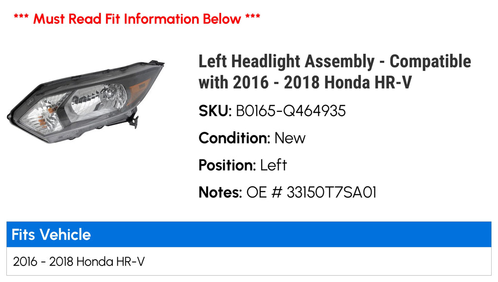 Left Headlight Assembly for 2016-2018 Honda HR-V O786597