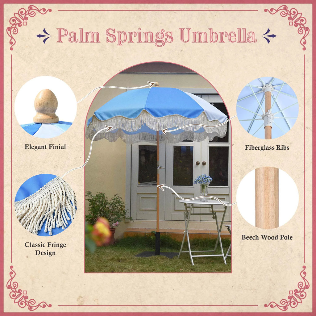 6Ft Fringe Patio Umbrella with Tassels & Carry Bag Wood Blue T40712
