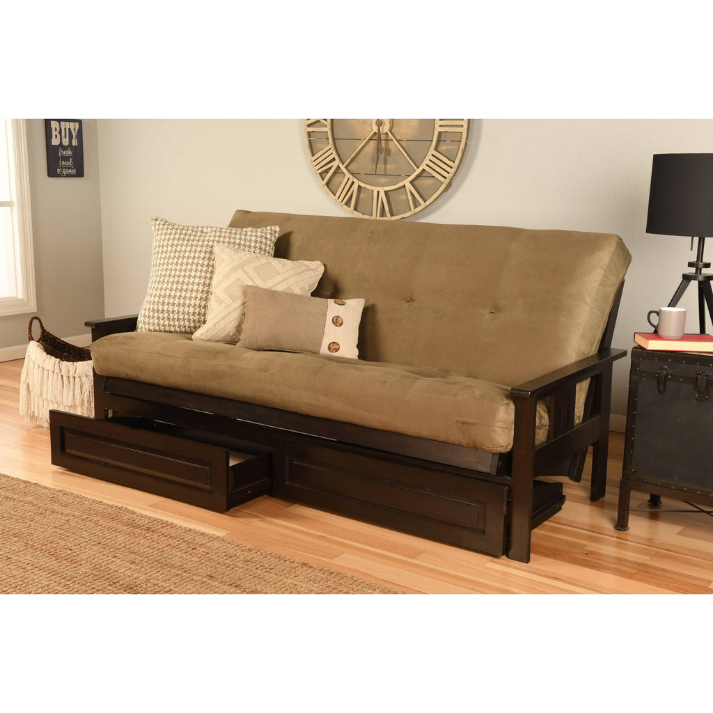 Espresso Full-Size Wood Storage Futon with Mattress W118