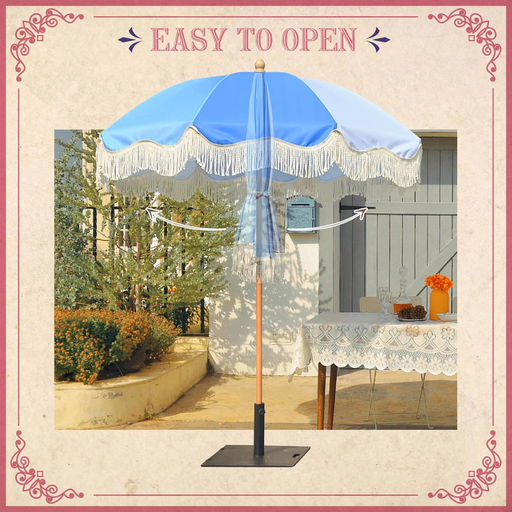 6Ft Fringe Patio Umbrella with Tassels & Carry Bag Wood Blue T40712
