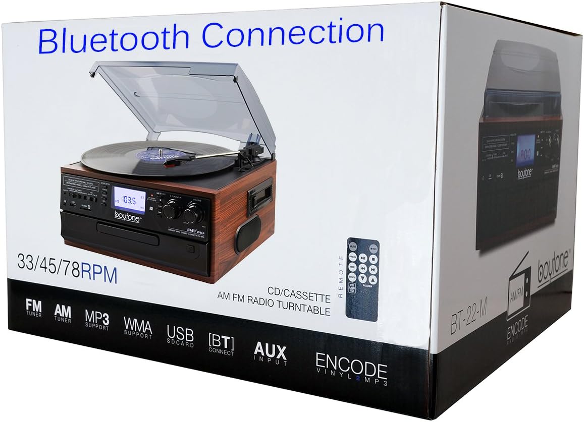 Bluetooth Record Player Turntable with AM/FM Radio, Cassette, CD Player, 2 Built in Speaker, SD Slot, USB, AUX V827024