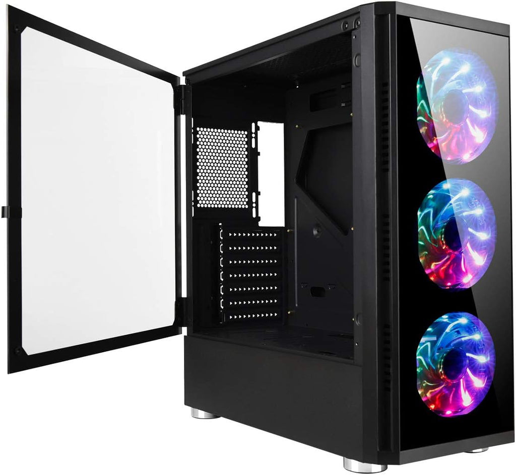 Mid Tower ATX PC Case with 3 Red LED Fans and Tempered Glass Panels I78376