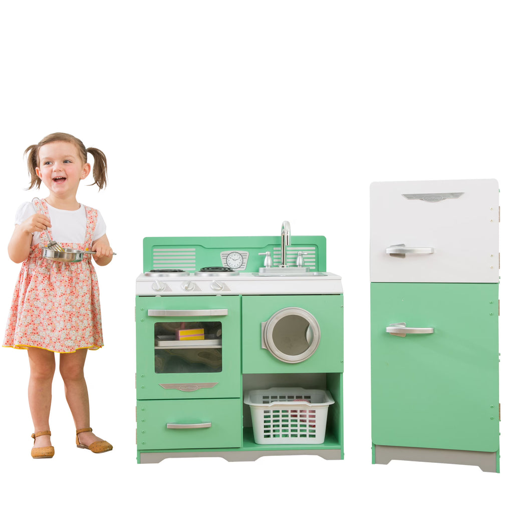 2-Piece Wooden Play Kitchen Set with Refrigerator, Dryer and Laundry Basket F858168