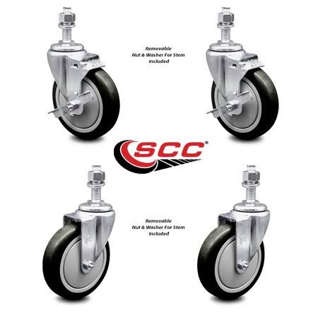 Set of 4 Blue Polyurethane Swivel Threaded Stem Casters with 5 inch x 1.25 inch Wheels and 12mm Stems Z946919