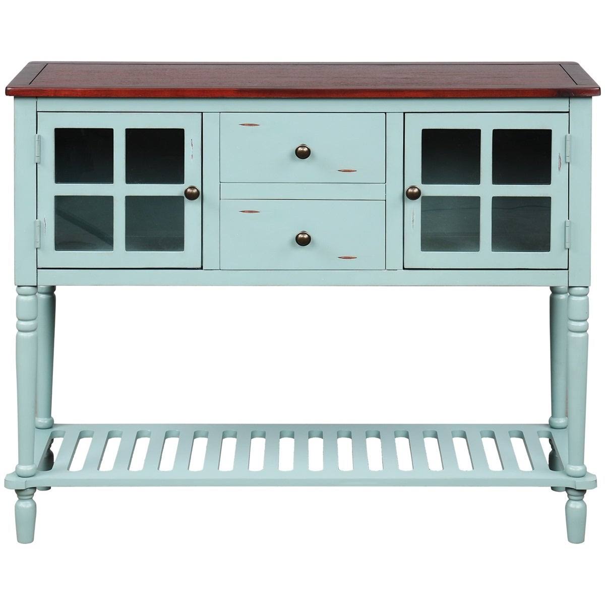 White Farmhouse Console Table with Glass Cabinet and Bottom Shelf F8038
