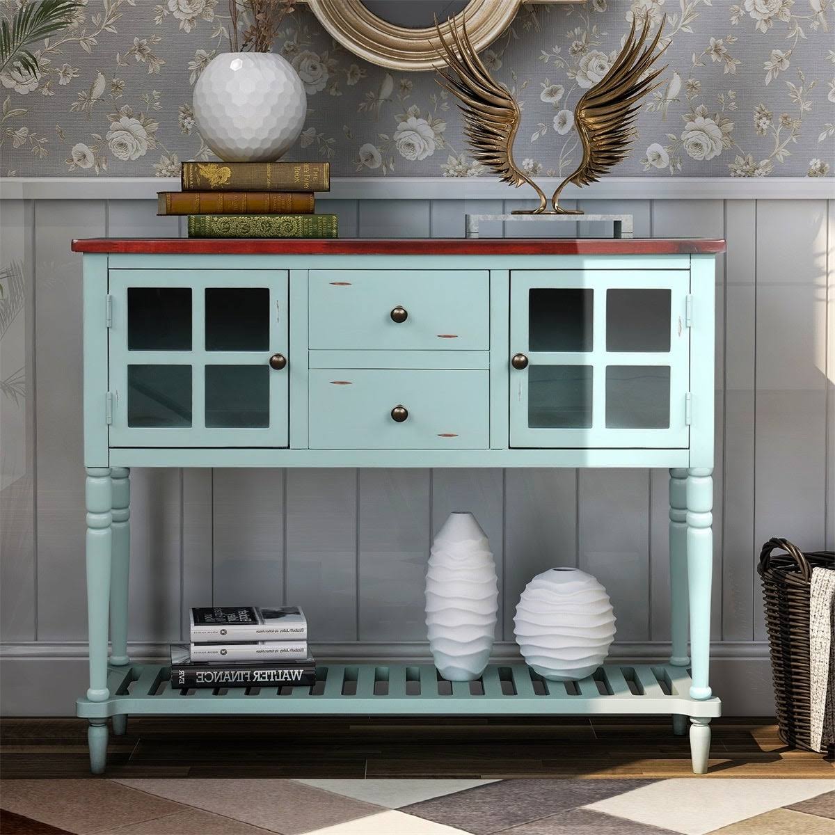 White Farmhouse Console Table with Glass Cabinet and Bottom Shelf F8038