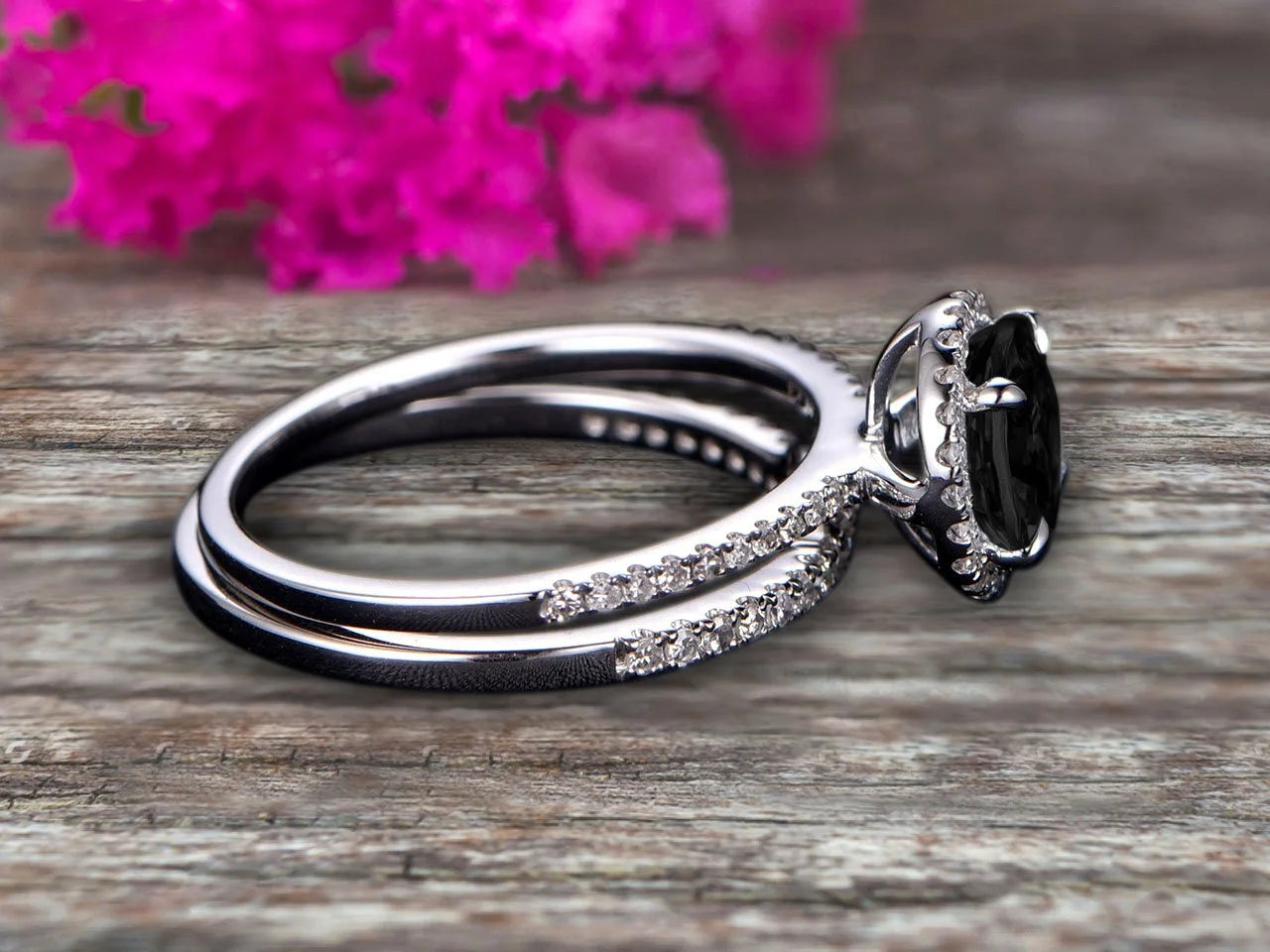 2.25 Carat Black Diamond Moissanite Engagement Ring Set With Curved Diamond Matching Band 10K White Gold Bridal Ring Set W300