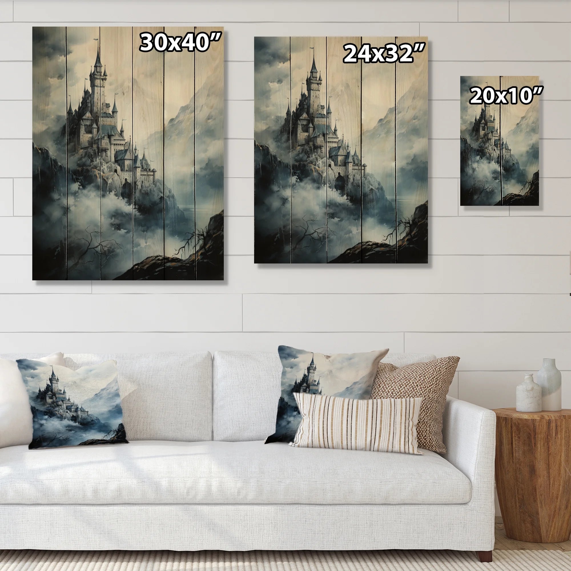Mountain Fortress Castles Misty Painting II Print on Natural Pine Wood J967