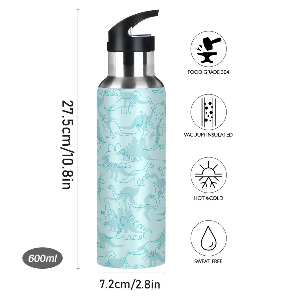 Dinosaur Green Pattern Stainless Steel Insulated Water Bottle with Straw Lid V7103