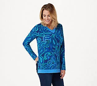 Paisley Printed Layered Knit Top, Size 5X, Blue Multi U671483