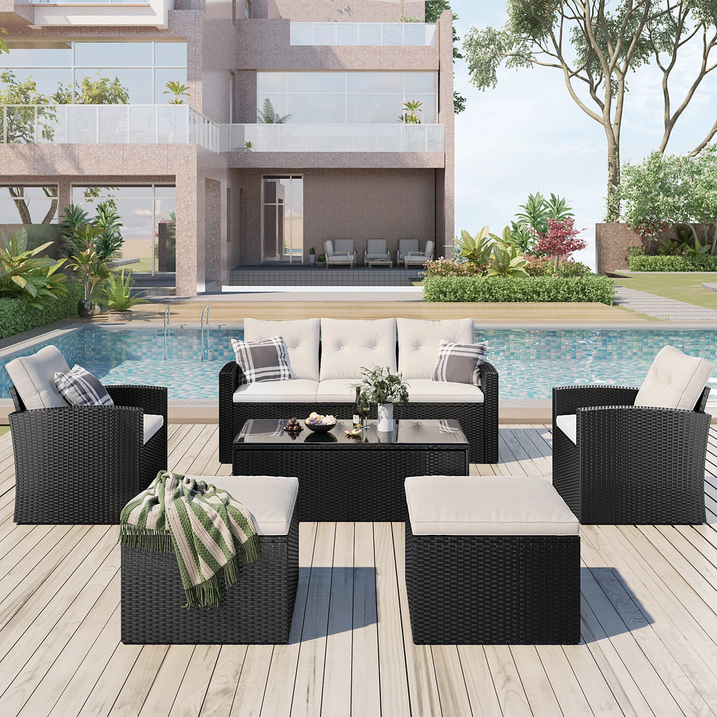 6-piece PE rattan Patio Sectional Set with coffee table, ottomans, removable cushions U2308