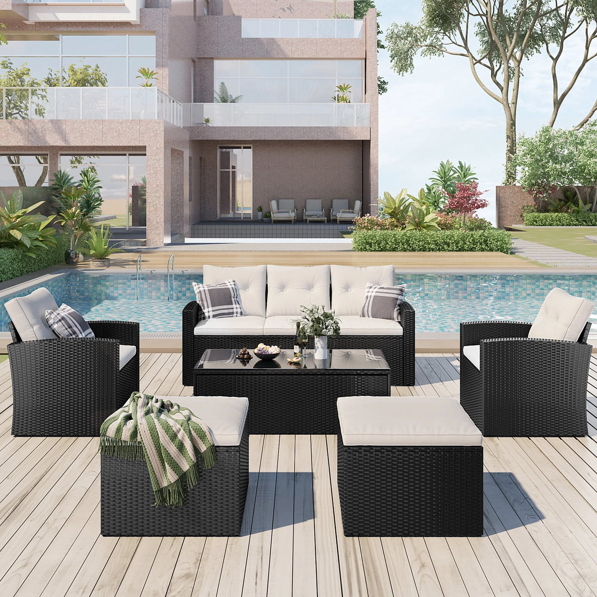 6-piece PE rattan Patio Sectional Set with coffee table, ottomans, removable cushions U2308