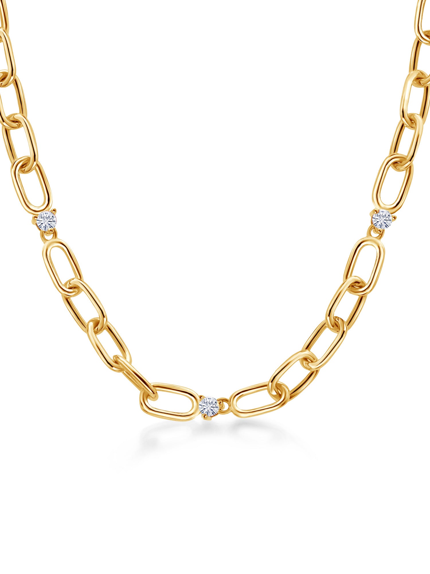 18K Yellow Gold Plated Silver Paperclip Chain Necklace Round Moissanite N28055