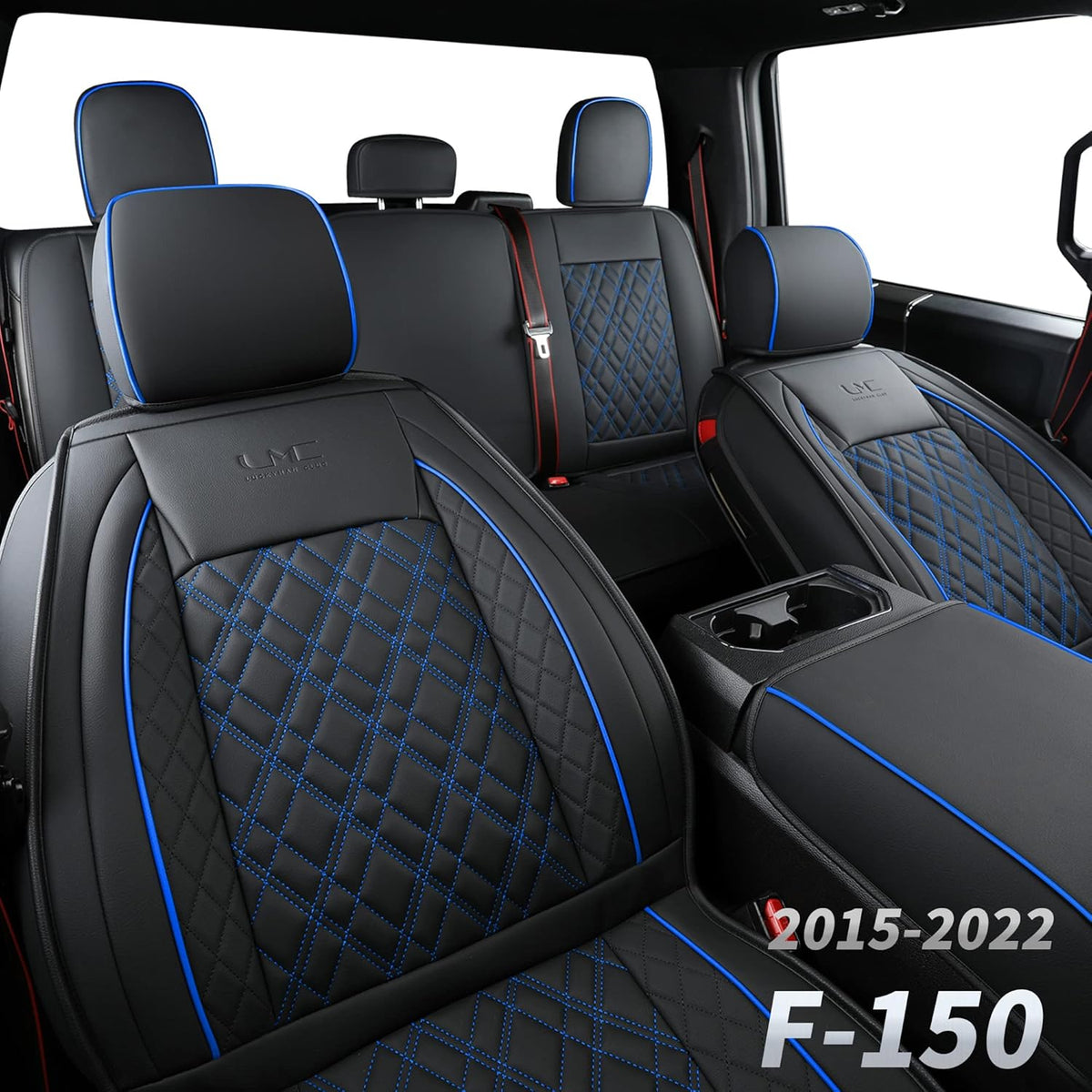 Faux Leather Seat Covers Full Set Black&Blue D501