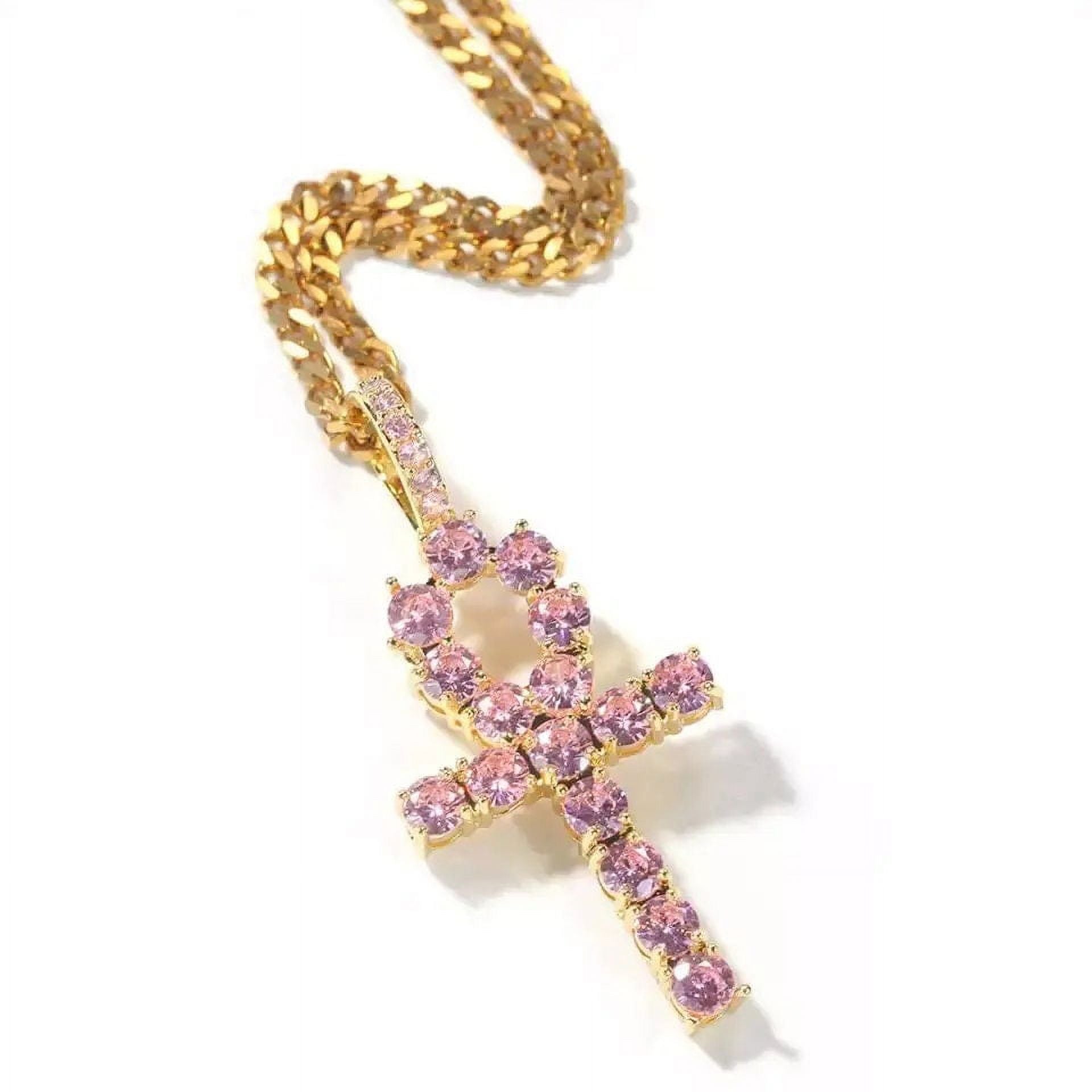 14K Gold Over Finish Simulated Diamond Pink Egyptian Ankh Cross Charm Pendant Necklace X641