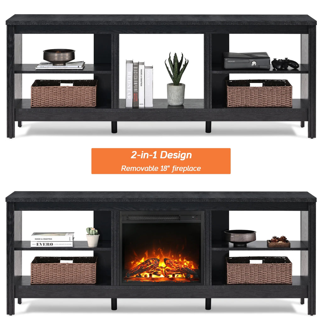 Black 70 inch Wood Fireplace TV Stand with 4 Storages P6889