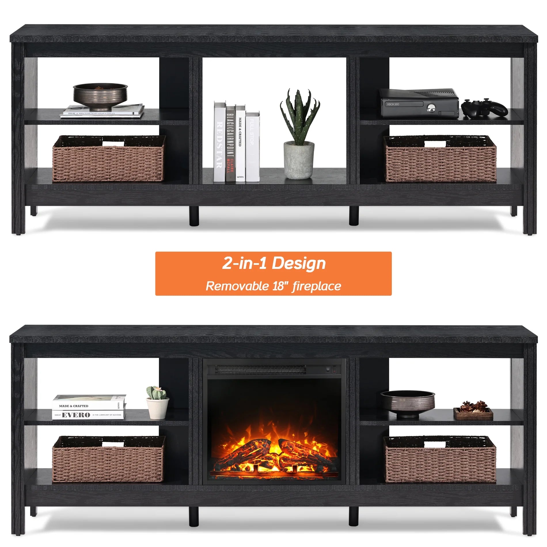 Black 70 inch Wood Fireplace TV Stand with 4 Storages P6889